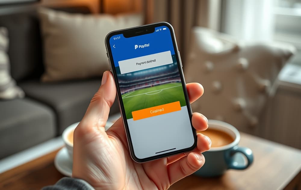 Smarttelefon med PayPal-betaling som blir avvist, med en odds-app i bakgrunnen.