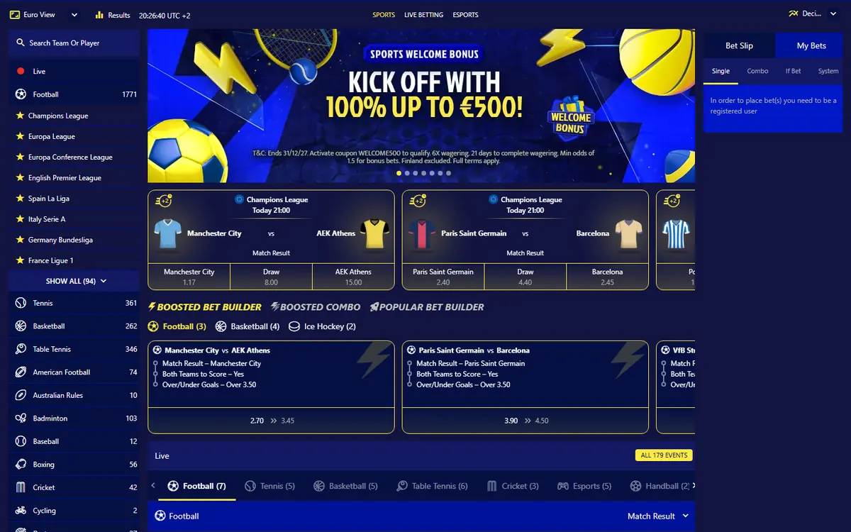 Quickz sportsbook med oddsbonusen 100 % opptil €500 og Champions League-odds