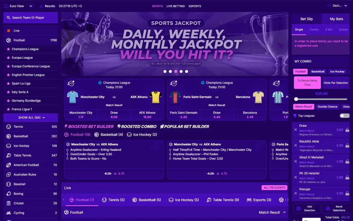SlotOwl sportsbook med Champions League-odds og bet builder