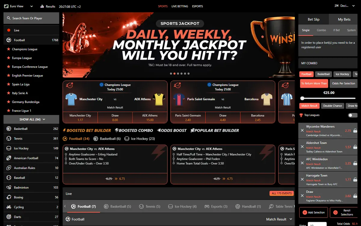 Winsly sportsbook med oddsboost, bet builder og live fotball